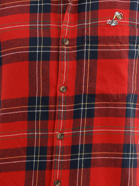 Slim Embroidery Detail Flannel Shirt | Red