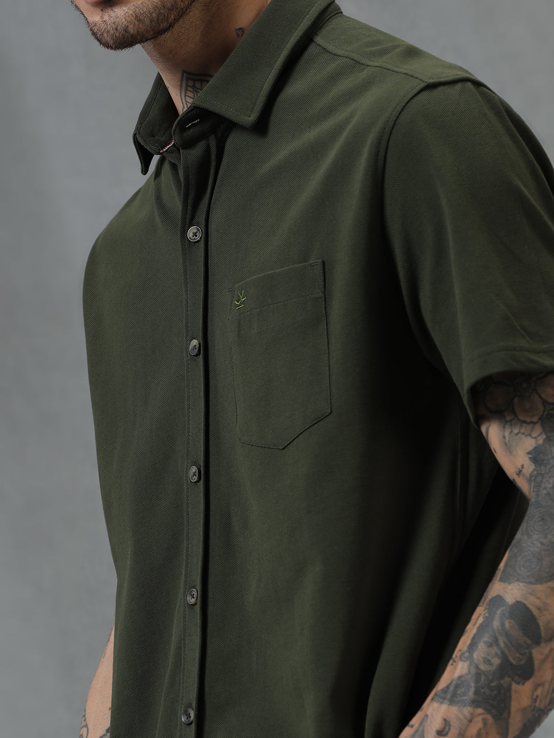 Olive Button Up Pique Shirt