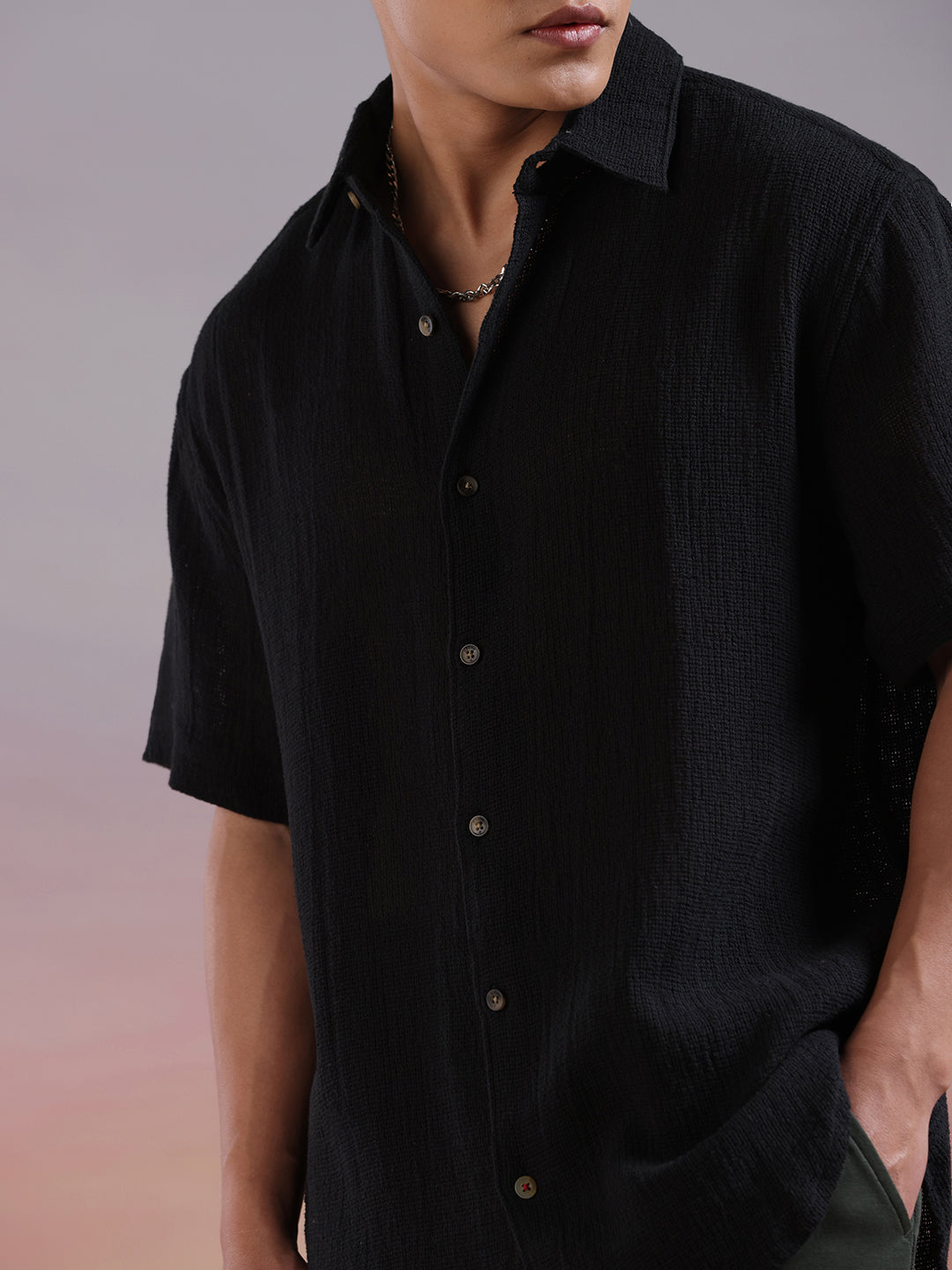 Textured Half Sleeve Black Shirt