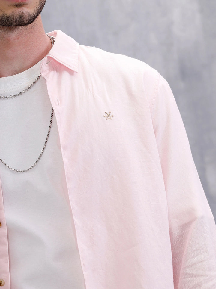 Solid Linen Blend Slim Fit Shirt | Pink