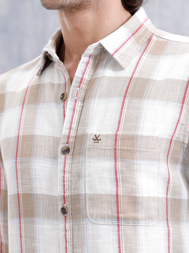 Cotton Twill Slub Checks Slim Fit Shirt | Beige