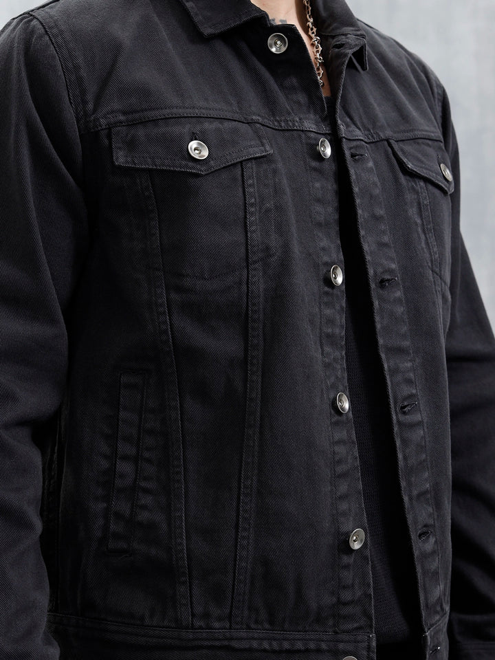 Wrogn Men's Solid Casual Denim Jacket | Black