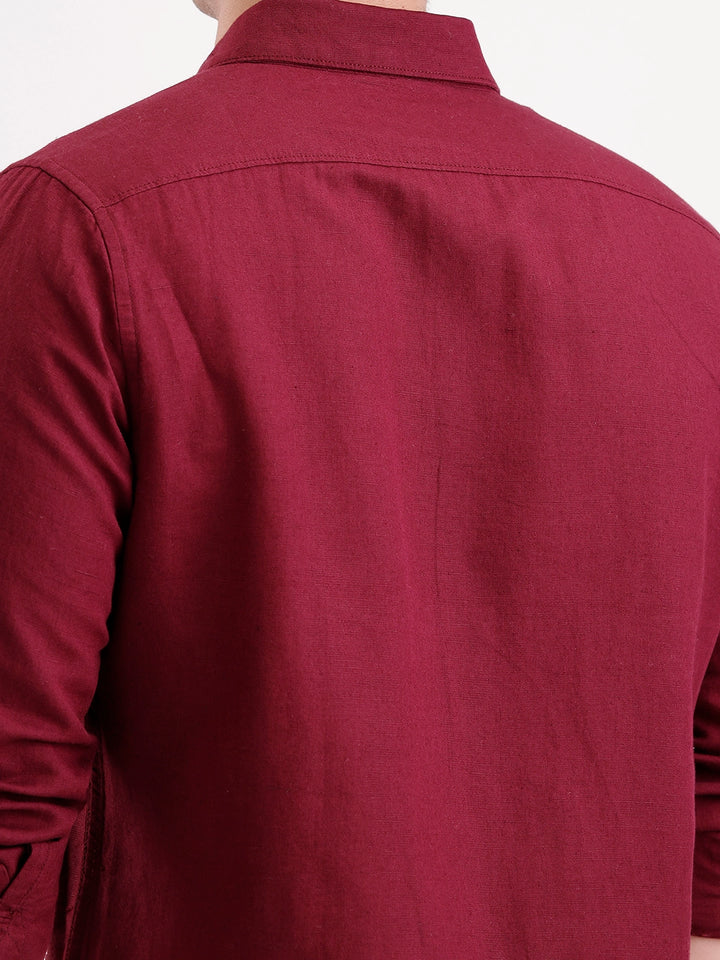 Solid Slim Fit Linen Blend Shirt  | Wine