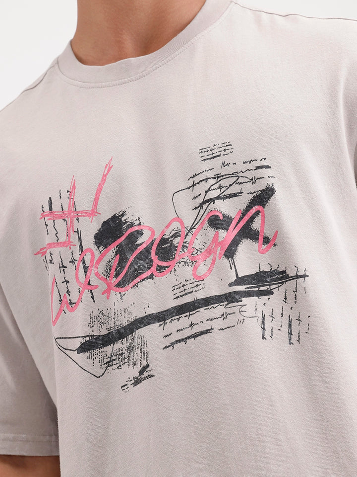 Oversized Placement Printed T-Shirt | Grey