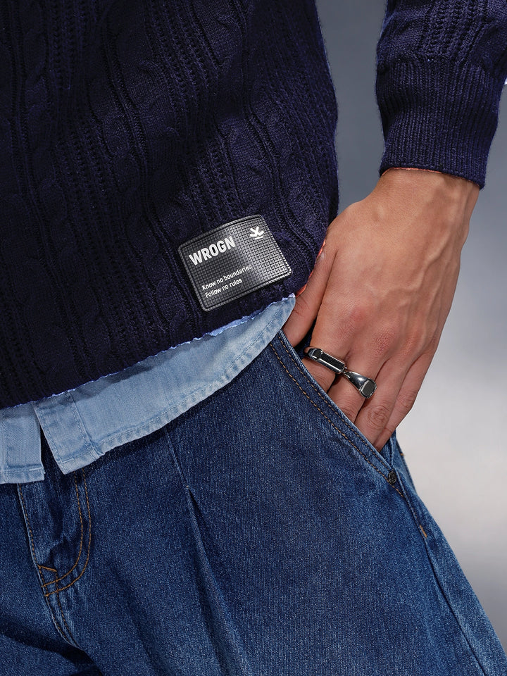 Chunky Cable Knit Slim Fit Crew Neck Sweater  | Navy Blue