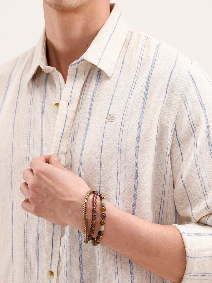 Slim Fit Striped Linen Blend Shirt | Off White