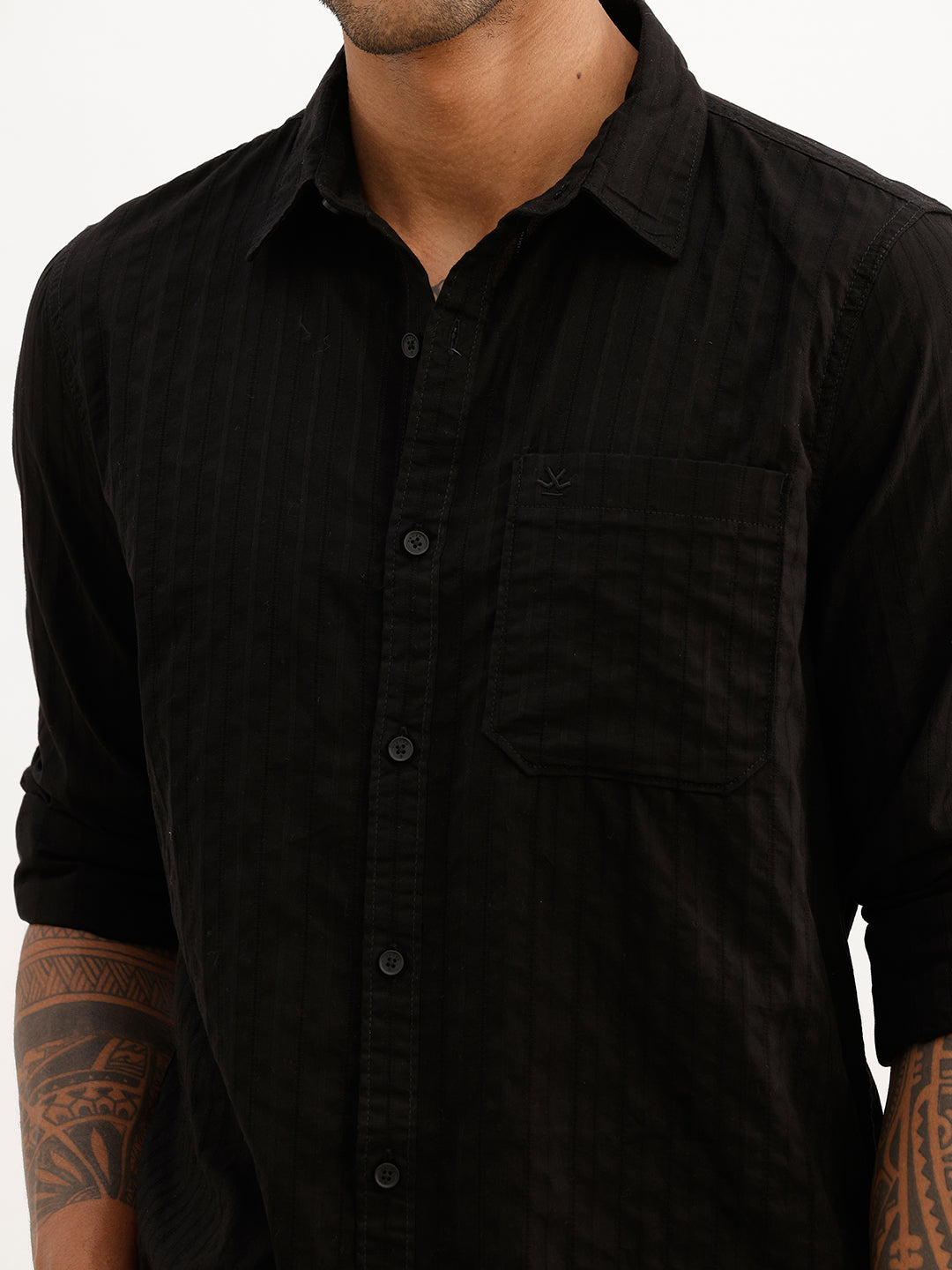 Textured Slim Fit Striped Shirt | Black