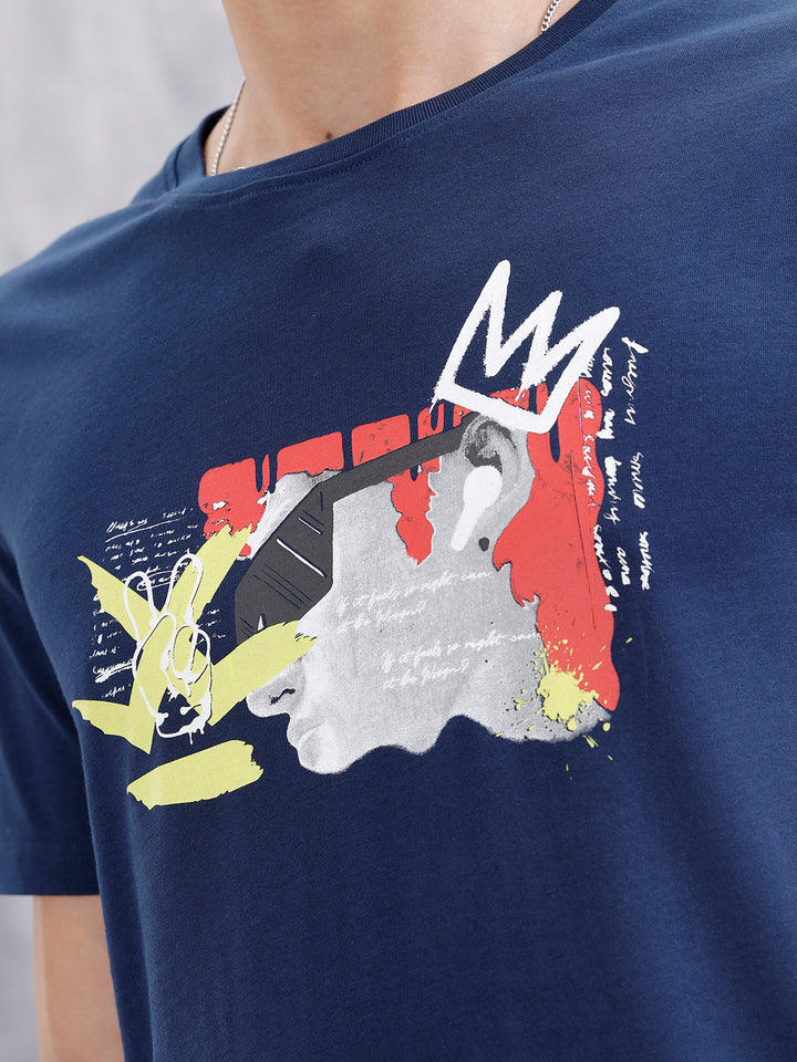 Graffiti Inspired Chest Graphic Slim Fit T-Shirt | Navy Blue