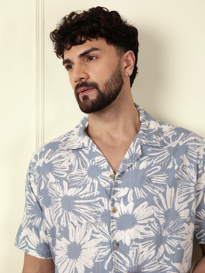 Floral AOP Viscose Slub Shirt | Blue