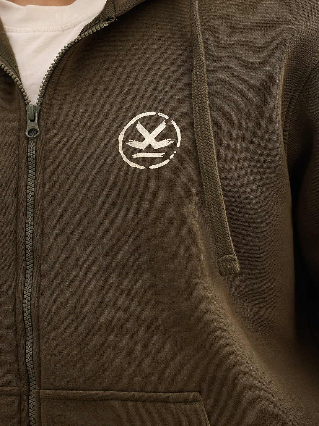 Classic Foil Printed Zipper Hooded Sweatshirt | Olive