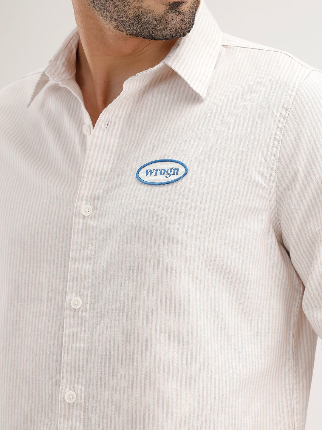 Regular Fit Striped Patch Detail Shirt | Beige