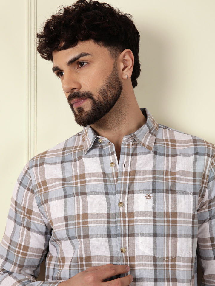 Checked Cotton Slub Shirt | Brown