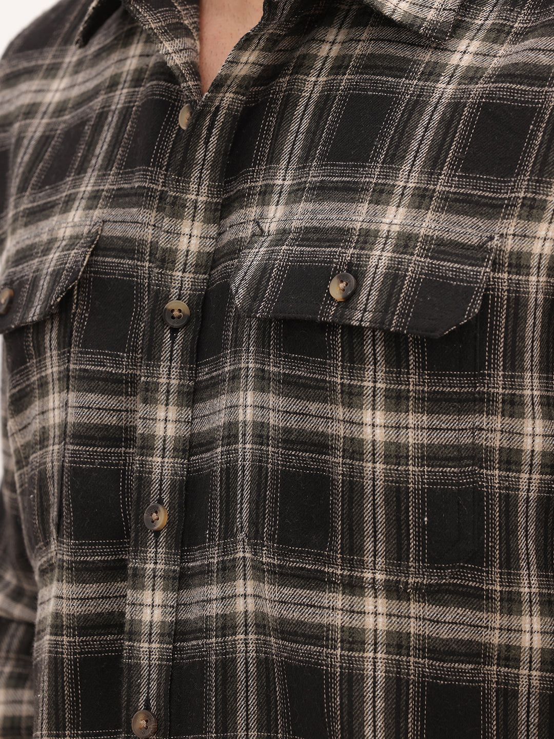 Checkered Slim Fit Double Pocket Shirt | Black