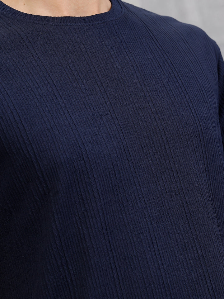 Honeycomb Textured Knit Crew Neck Pullover In Oversized Fit | Navy Blue