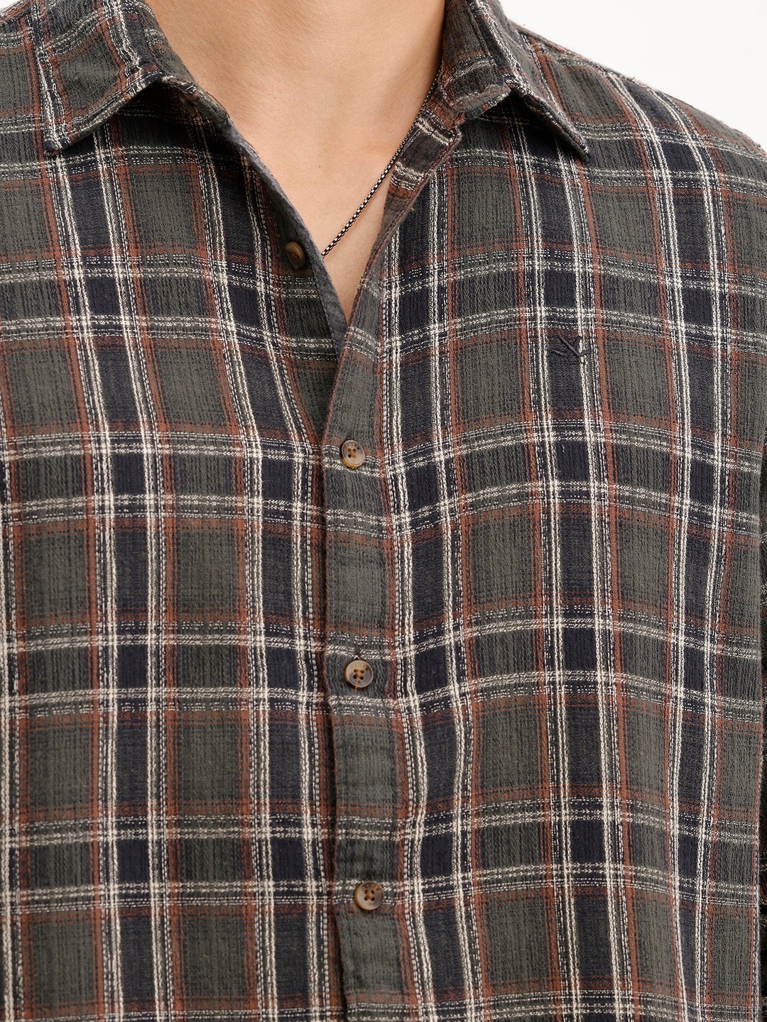Textured Slim Fit Checekerd Shirt  | Olive