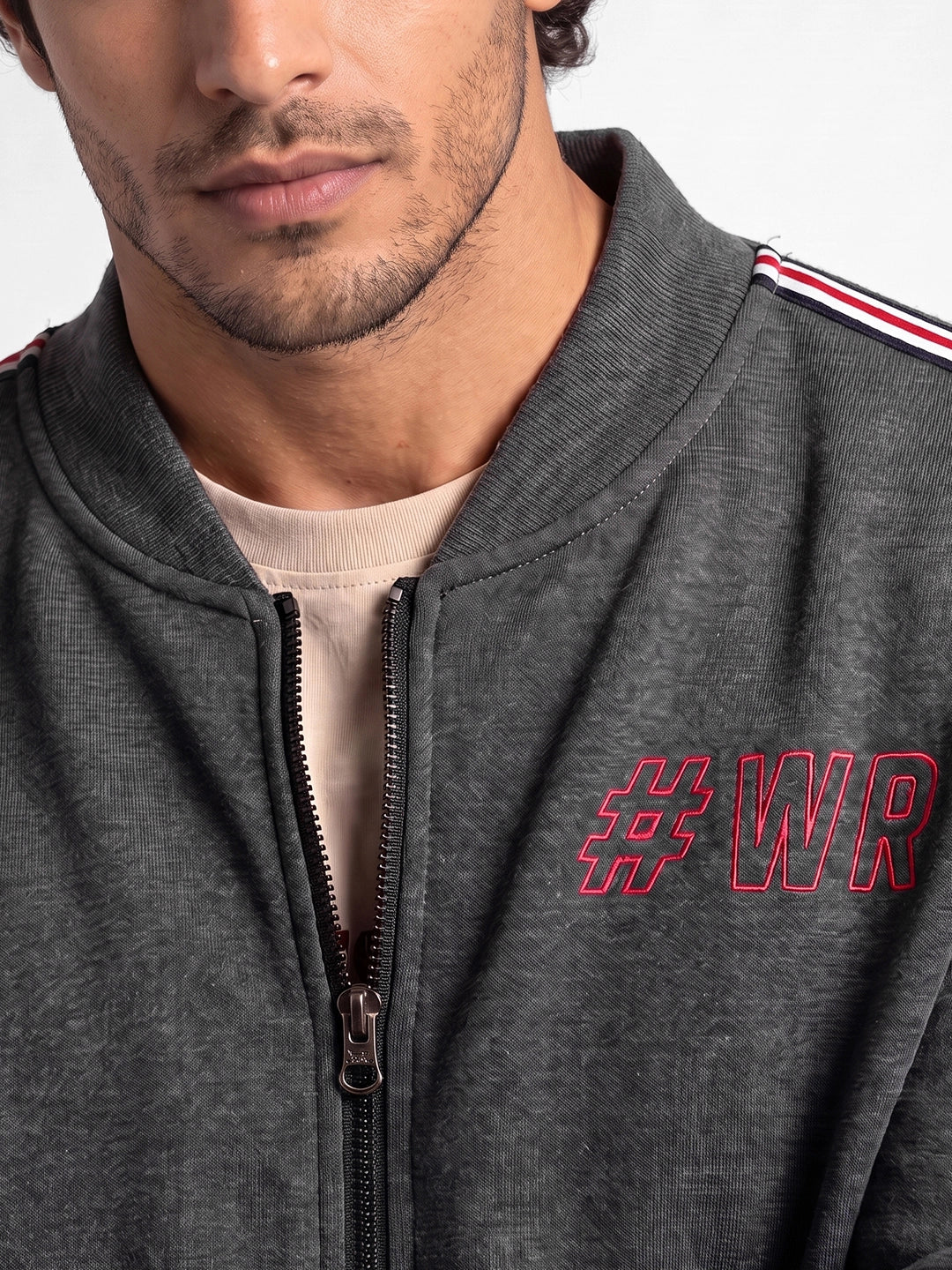 Placement Printed Zipper Jacket | Grey | WNSS7373