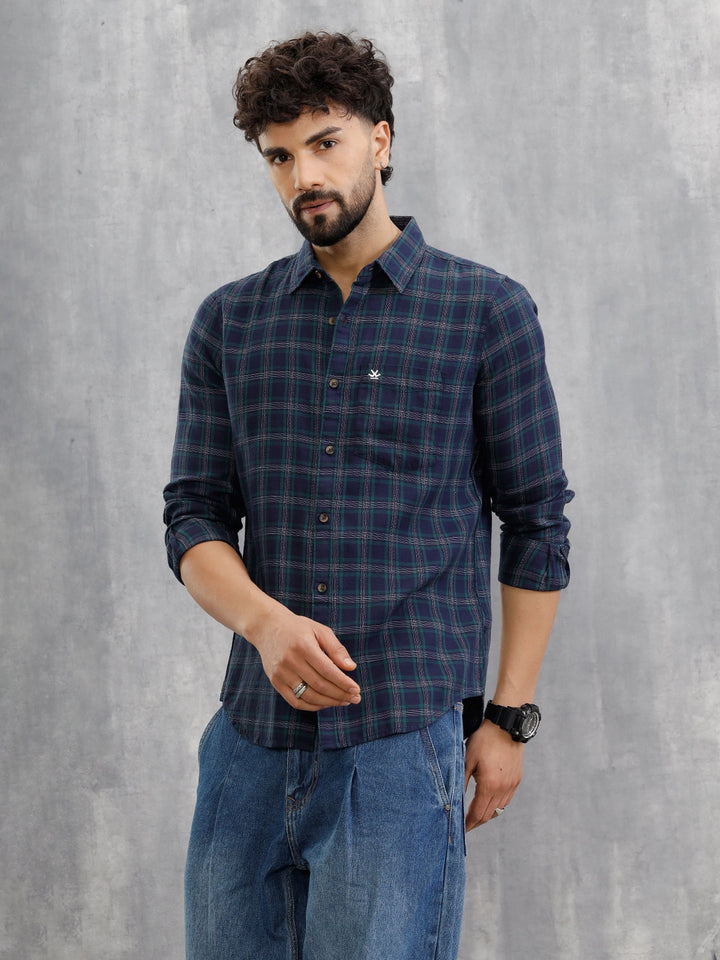 Textured Checkered Cotton Shirt  | Navy Blue