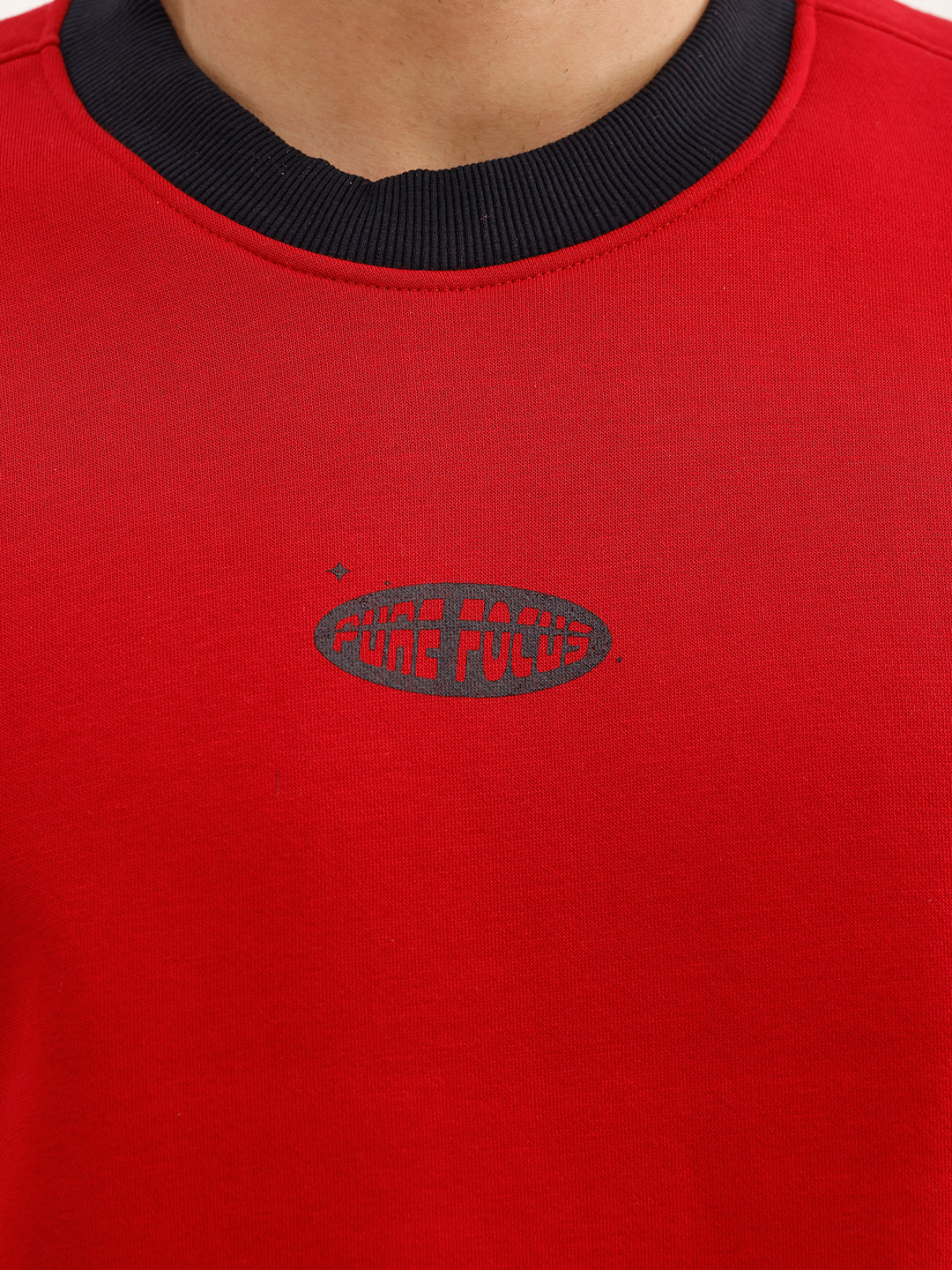Solid Contrast Collar Placement Printed Sweatshirt | Red
