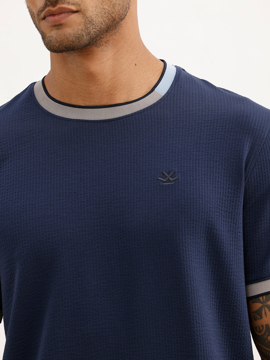 Textured Slim Fit Contrast Collar T-Shirt | Navy Blue | WTS02HSSL1222S