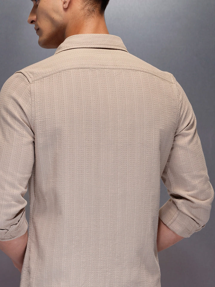 Men's textured full sleeve shirt with subtle pattern | Beige