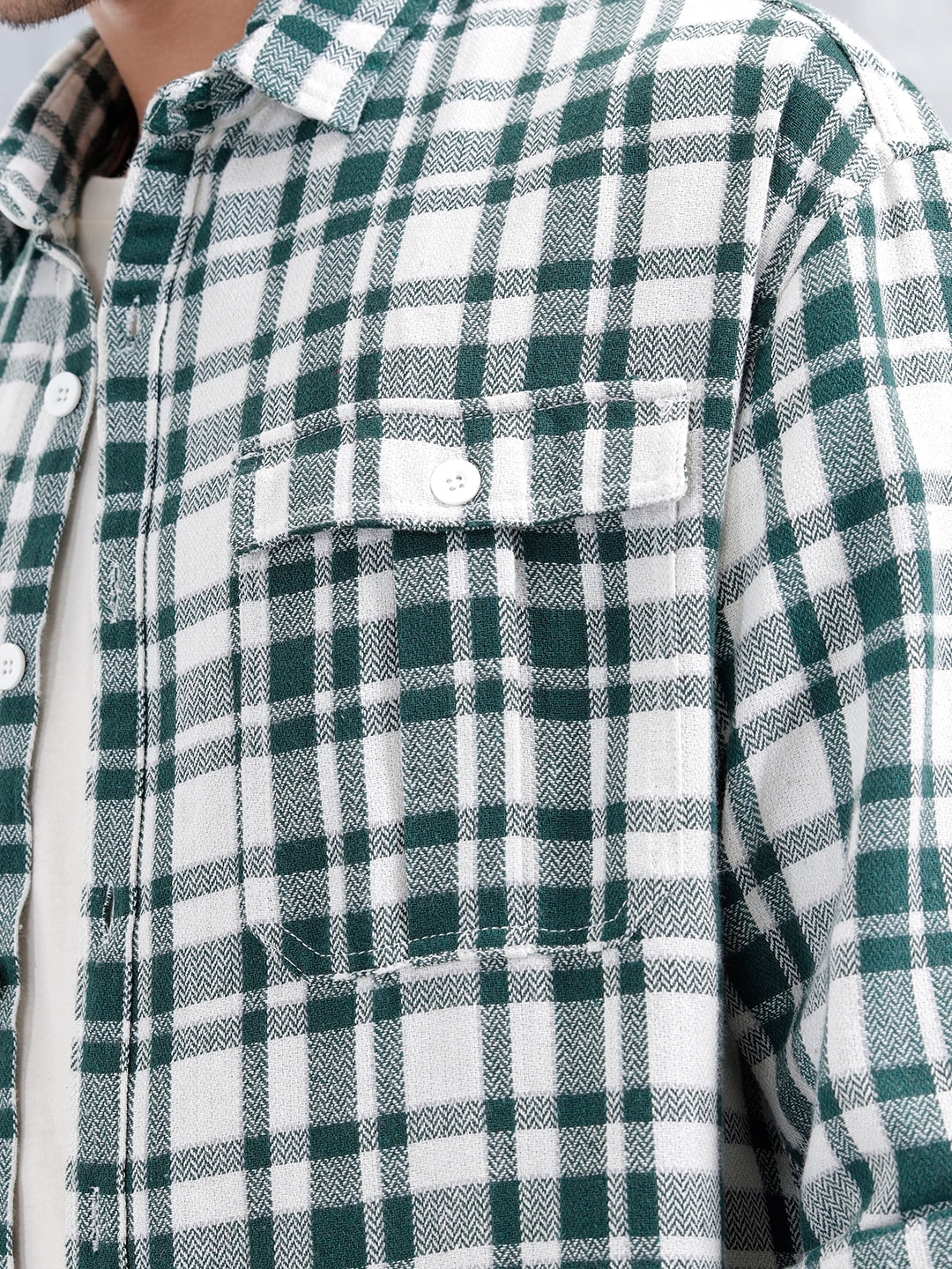 Checkered Pattern Double Pocket Oversized Fit Shirt | Green