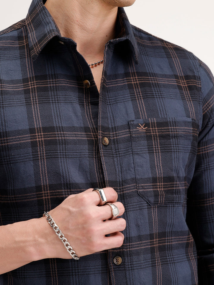 Slim Fit Checkered Shirt | Navy Blue