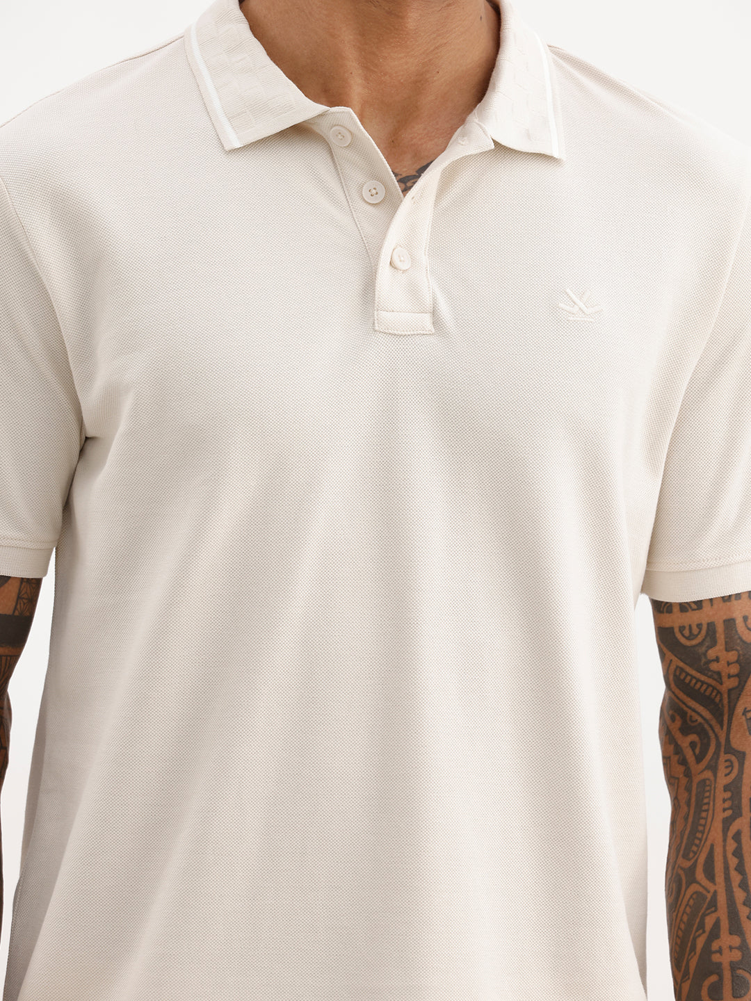 Solid Jacquard Collar Polo T-Shirt | Beige