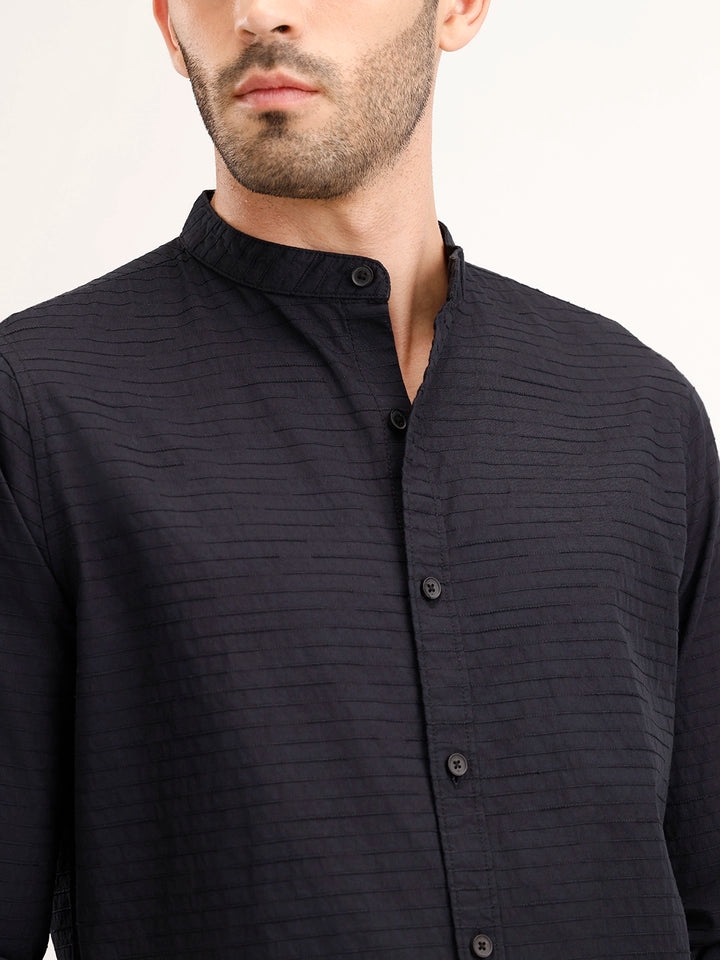 Regular Fit Mandarin Collar Textured Shirt | Black