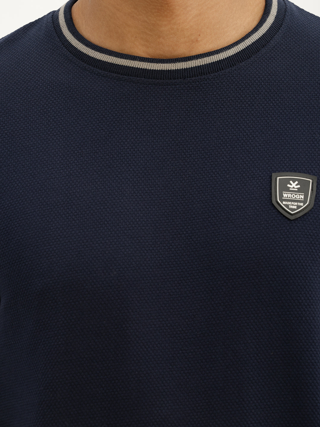 Solid Contrast Collar Full Sleeve T-Shirt | Navy Blue