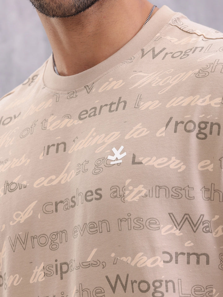 Typo Inspired Aop Oversized Fit T-shirt | Beige