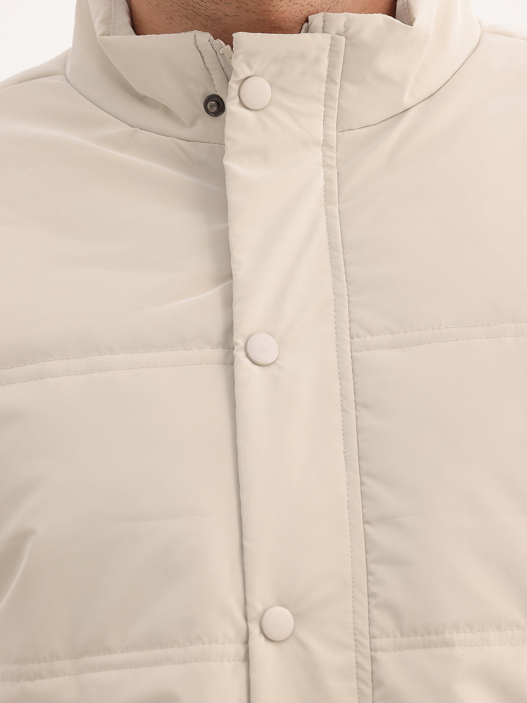 Solid Regular Fit Zipper Puffer Jacket | Beige