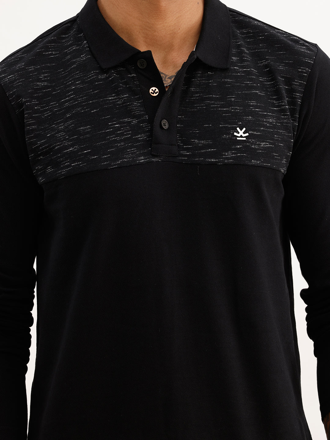 Slim Fit Full Sleeve Placement Printed Polo T-Shirt | Black