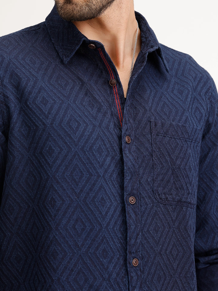Textured Slim Fit Full Sleeve Shirt | Navy Blue
