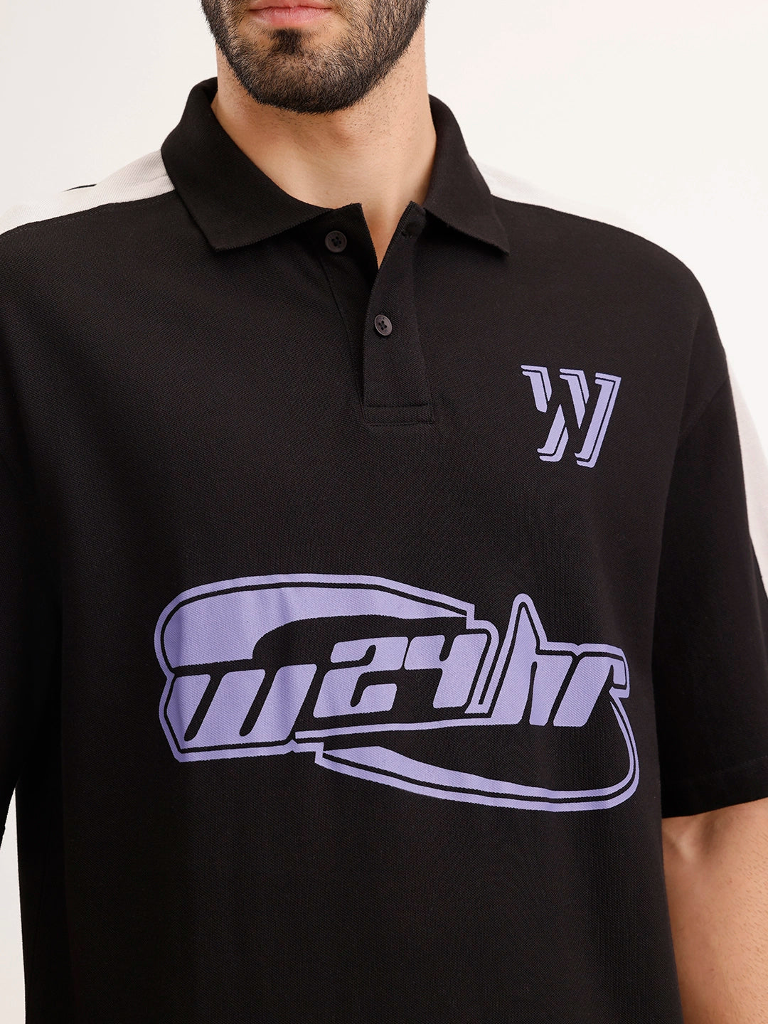 Oversized Placement Printed Polo T-Shirt | Black
