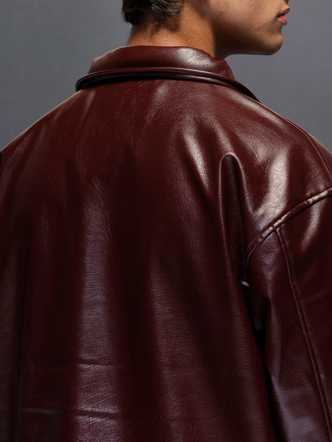 Men's Relaxed Fit Collared Fit PU Jacket  |  Wine