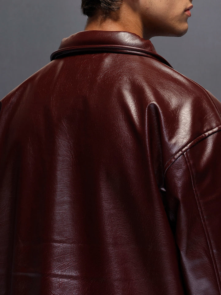Men's Relaxed Fit Collared Fit PU Jacket  |  Wine
