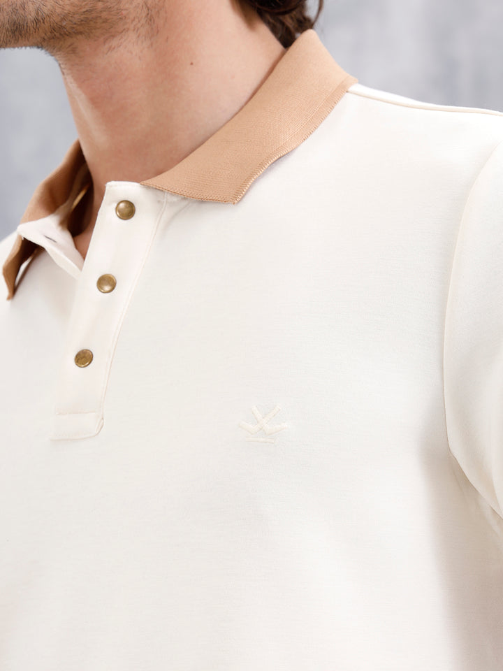 Men Slim Fit Polo Collar T-Shirt With Contrast Collar | Off White