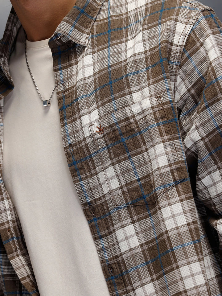 Textured Comfort Fit Checkered Pattern Shirt With Branding | Brown