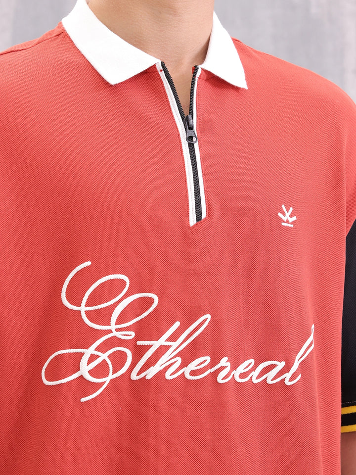 Retro Inspired Color Block Front Zip Polo I Rust