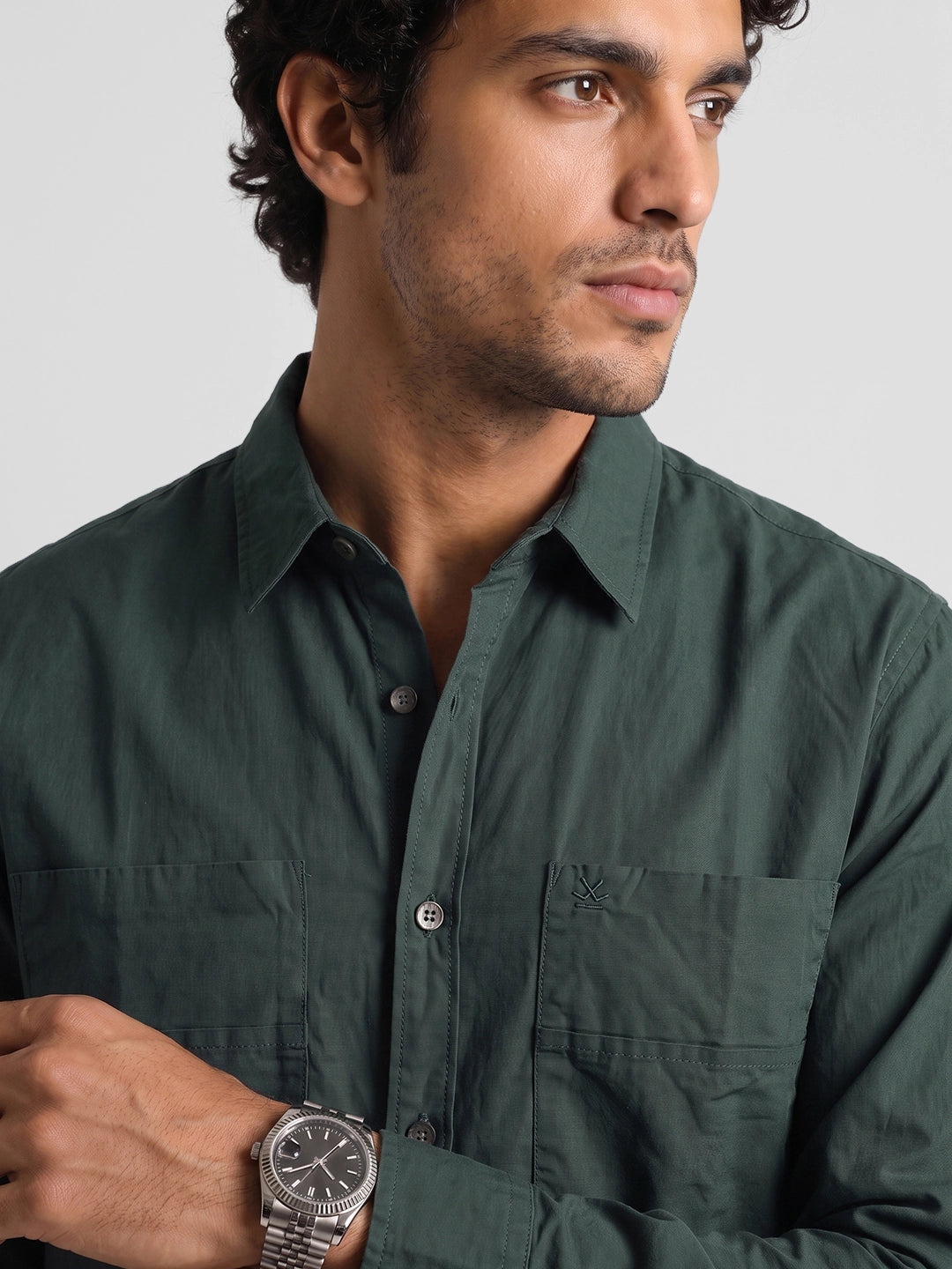Solid Comfort Fit Double Pocket Shirt | Dark Green