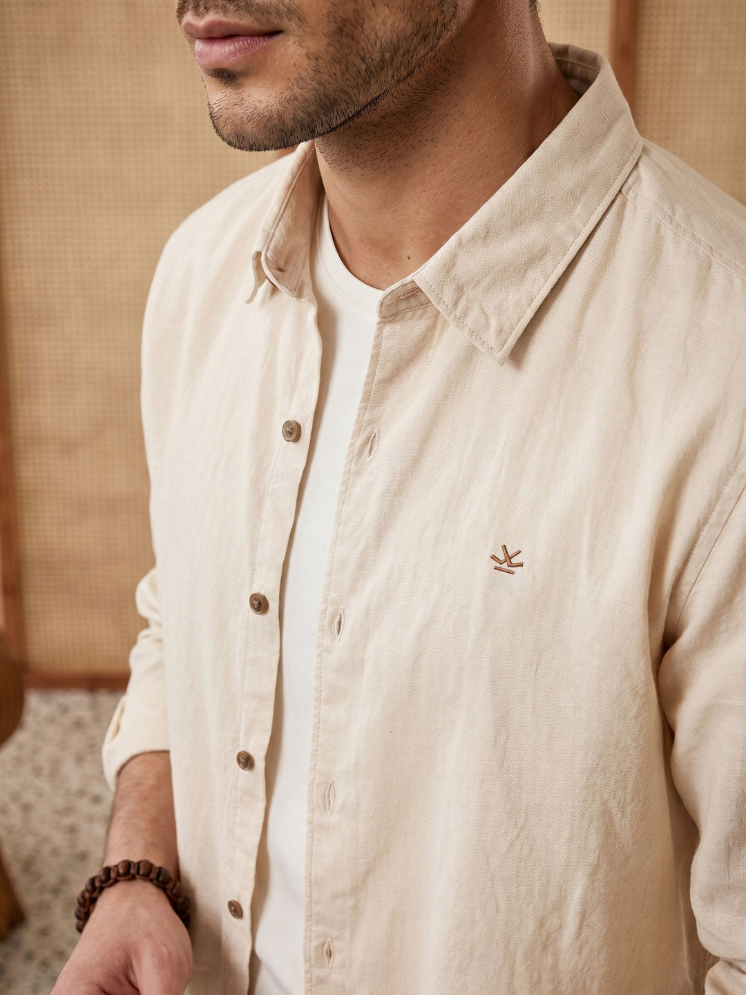 Solid Linen Blend Slim Fit Shirt | Beige