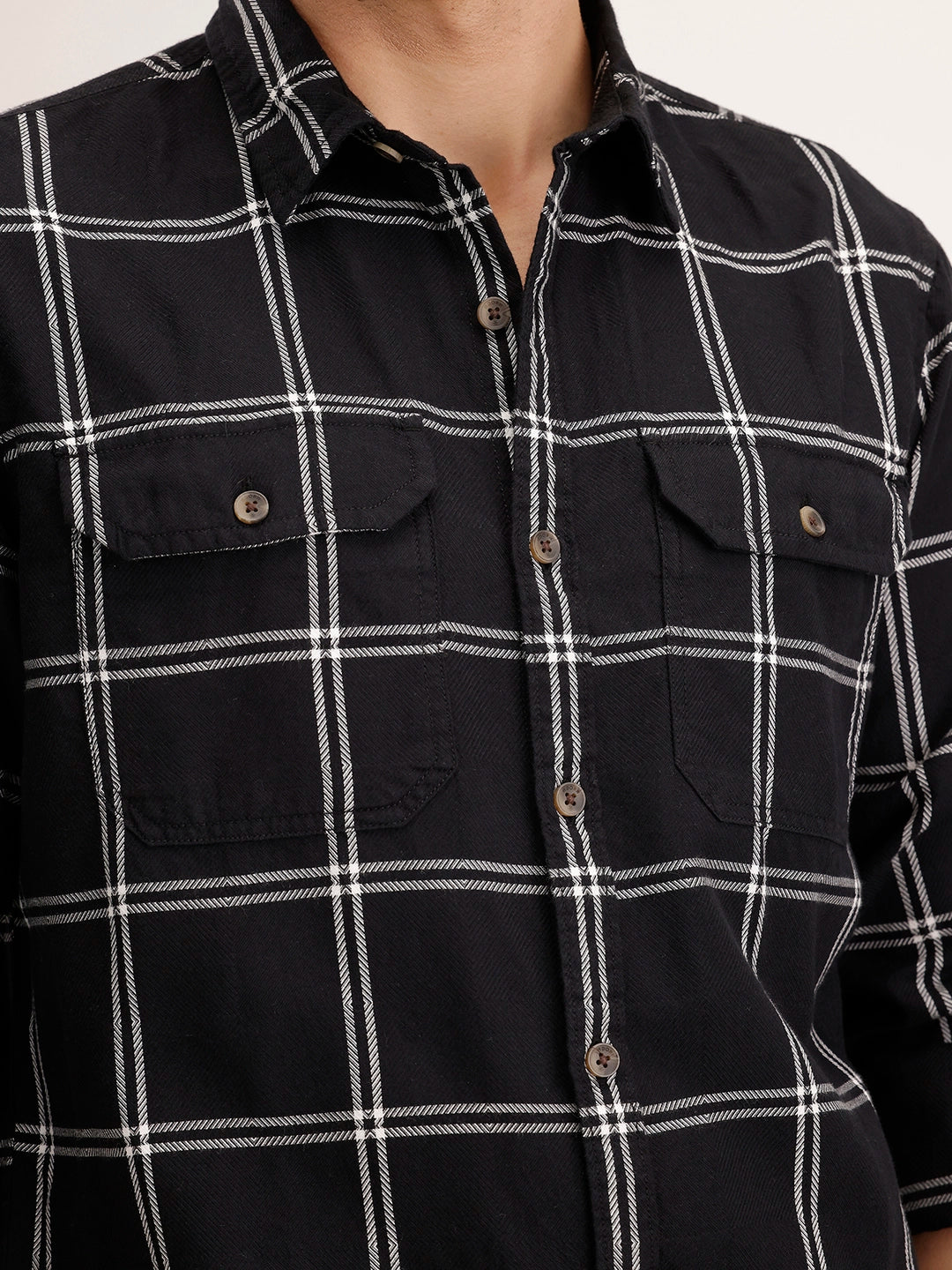 Slim Fit Double Pocket Checkered Shirt | Black