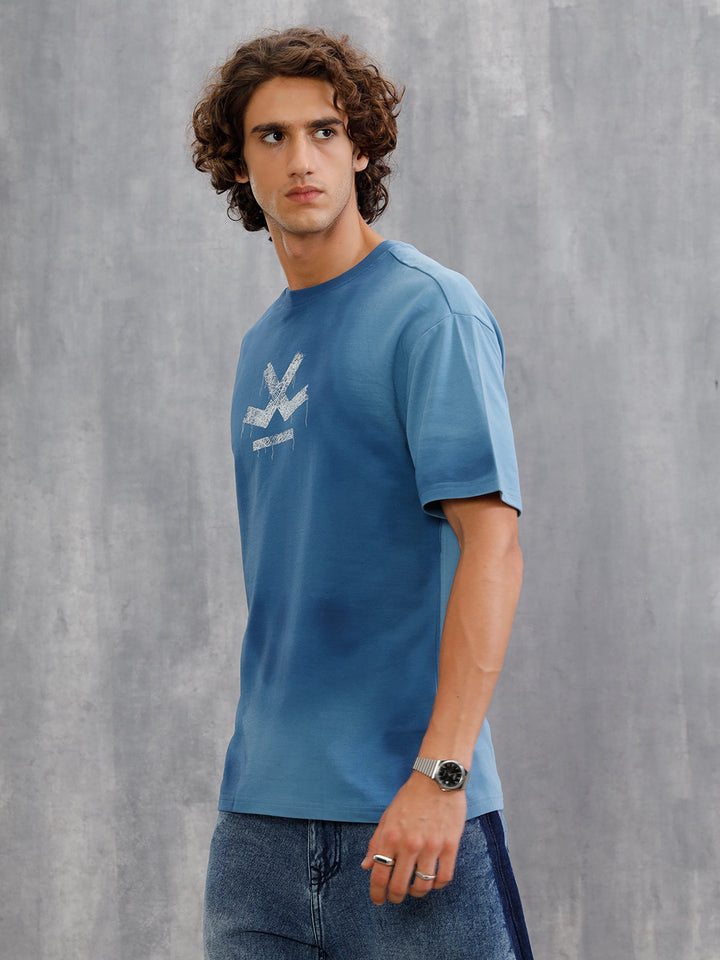 Smokey Pigment Spray With Grunge Logo Print Oversized Crew Neck T-Shirt | Blue