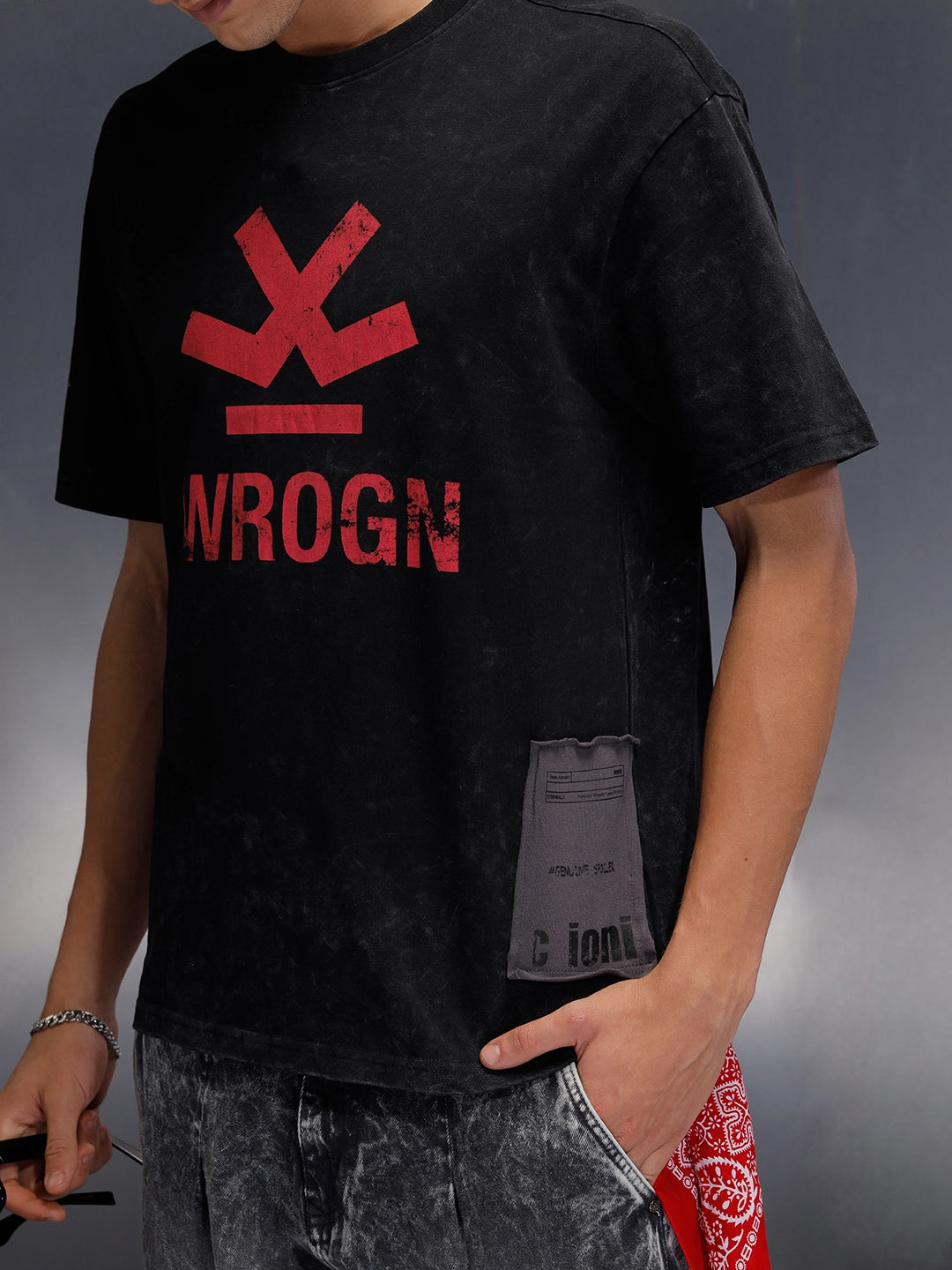 Acid Wash Crew Neck Tee With Chest Logo & Patch Graphic | Black