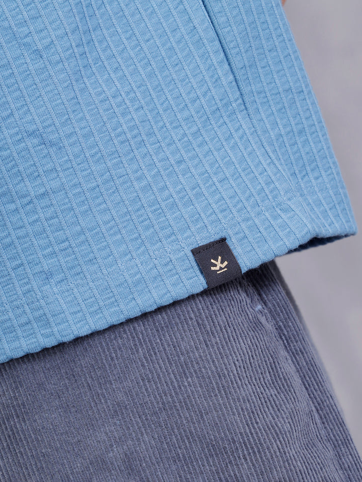 Resort Collar Textured Seersucker Fabric Polo T-Shirt | Blue