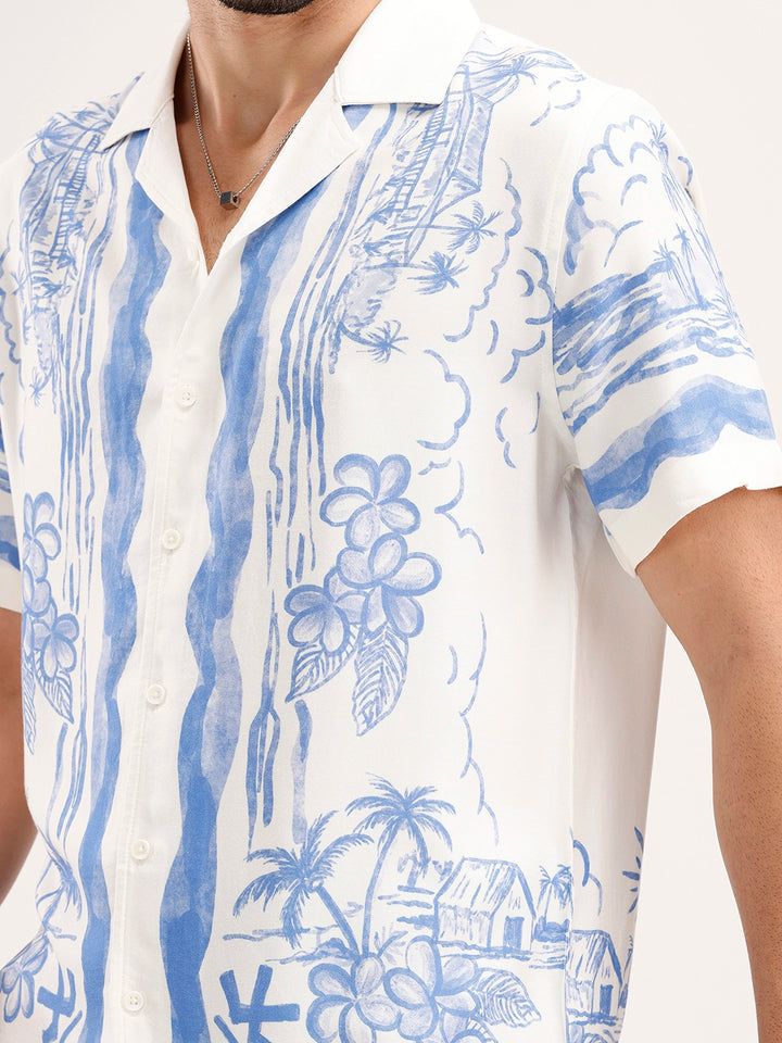 Slim Fit Printed Resort Collar Shirt | White