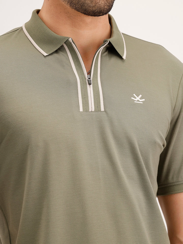 Slim Fit Contrast Collar T-Shirt | Olive