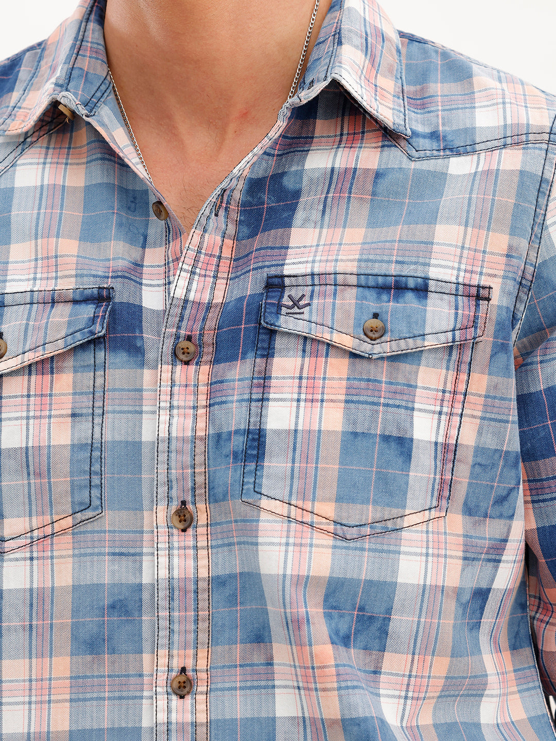 Slim Fit Washed Indigo Checkered Shirt | Blue