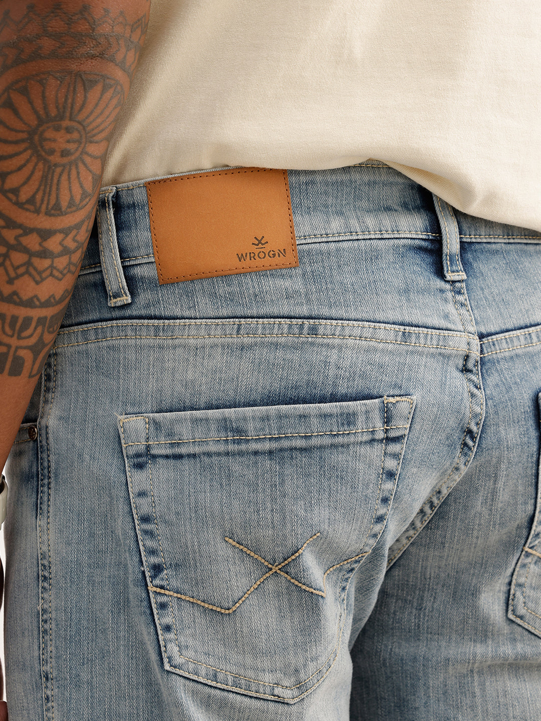 Textured Straight Fit Denim Cargo | Light Blue
