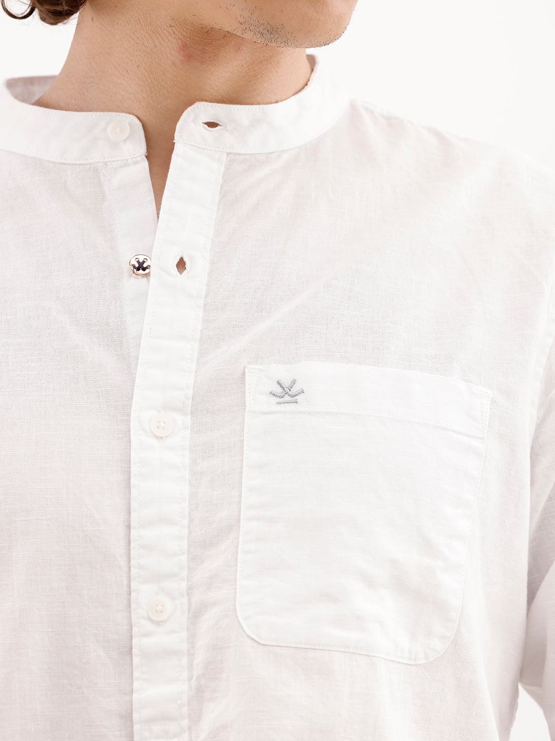 Solid Slim Fit Mandarin Collar Shirt | White